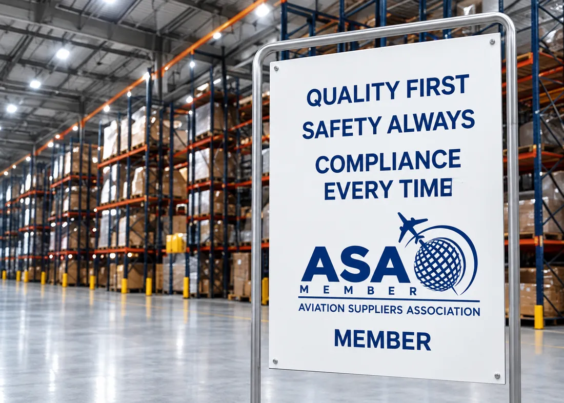 Quality first, safety always, compliance every time sign with the ASA Member logo in the Aerologix Global warehouse
