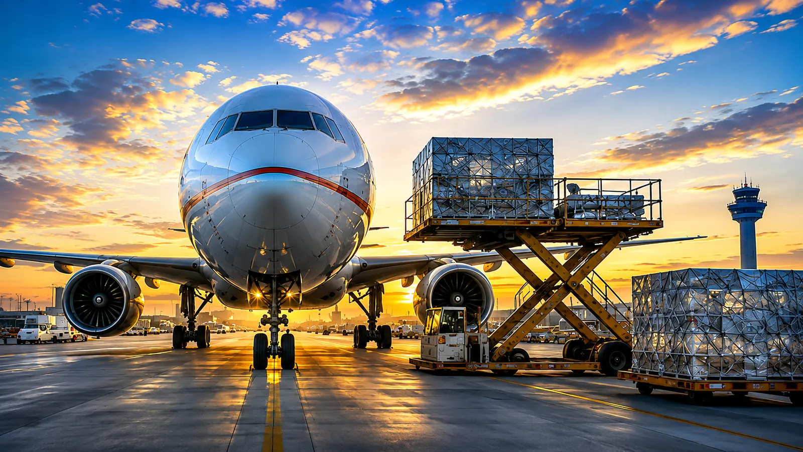 Aircraft on tarmac at sunset with cargo loading operations