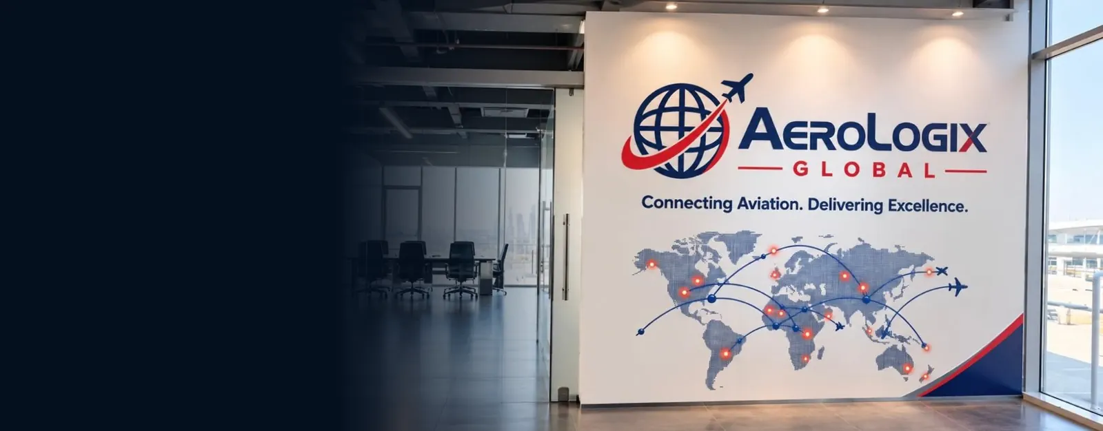Aerologix Global office with the company logo and world route map on the wall