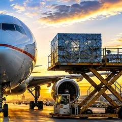 Aircraft with cargo loader at sunset